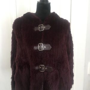 Guess Burgundy Fur Capelet with Hood